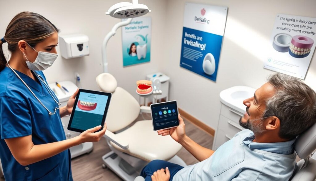 A professional dental clinic scene depicting a timeline of Invisalign treatment. In the foreground, show a dental hygienist explaining the treatment to a patient, both dressed in professional dental attire. The hygienist is holding a model of a jaw with Invisalign aligners while displaying a digital tablet showing a timeline of appointments. In the middle, a dental chair is positioned with an open mouth model illustrating the Invisalign process. In the background, there are dental tools and posters about dental care and Invisalign benefits on the walls. The lighting is bright and clinical, with soft shadows, creating a welcoming atmosphere. Capture the scene with a slight overhead angle to give a comprehensive view of the dental environment. A professional dental clinic scene depicting a timeline of Invisalign treatment. In the foreground, show a dental hygienist explaining the treatment to a patient, both dressed in professional dental attire. The hygienist is holding a model of a jaw with Invisalign aligners while displaying a digital tablet showing a timeline of appointments. In the middle, a dental chair is positioned with an open mouth model illustrating the Invisalign process. In the background, there are dental tools and posters about dental care and Invisalign benefits on the walls. The lighting is bright and clinical, with soft shadows, creating a welcoming atmosphere. Capture the scene with a slight overhead angle to give a comprehensive view of the dental environment.