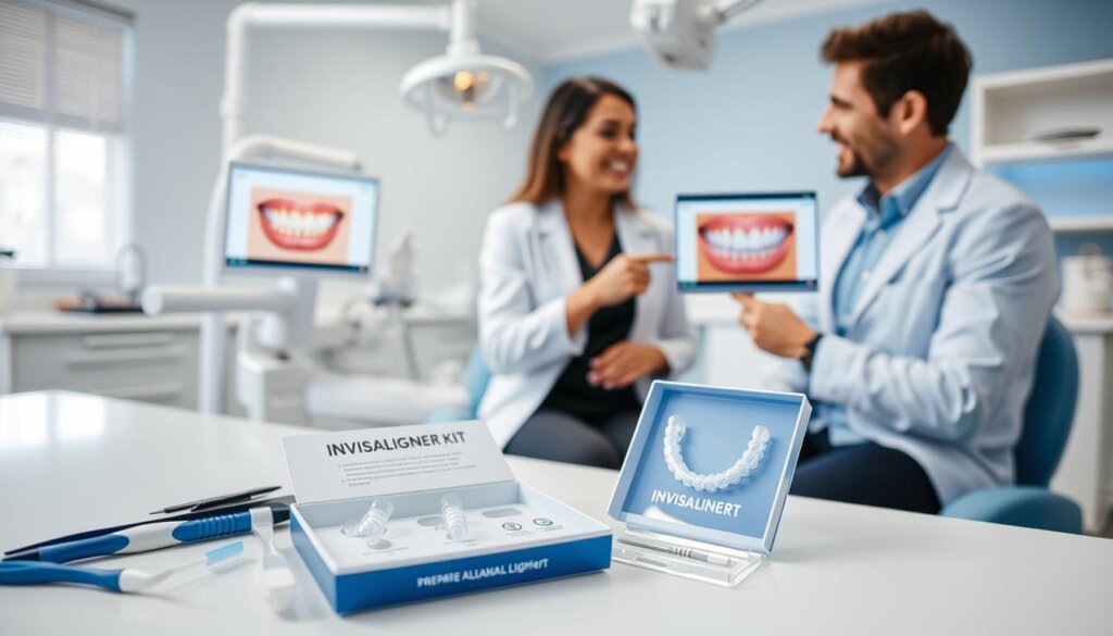 A professional dental environment focused on preparing for Invisalign treatment, featuring a clear aligner kit on a bright, well-organized dental desk. In the foreground, there are essential dental tools like a toothbrush, floss, and an instructional brochure on clear aligners. The middle ground shows a dentist consulting with a patient, both dressed in professional attire. The dentist is pointing to a digital display of teeth, highlighting necessary prerequisites for treatment, while explaining the process with a friendly demeanor. The background features modern dental equipment and a calming color scheme of blues and whites, creating a reassuring atmosphere. Soft, natural lighting enhances the clarity of the scene, capturing a moment of professional guidance in a warm, inviting dental office. A professional dental environment focused on preparing for Invisalign treatment, featuring a clear aligner kit on a bright, well-organized dental desk. In the foreground, there are essential dental tools like a toothbrush, floss, and an instructional brochure on clear aligners. The middle ground shows a dentist consulting with a patient, both dressed in professional attire. The dentist is pointing to a digital display of teeth, highlighting necessary prerequisites for treatment, while explaining the process with a friendly demeanor. The background features modern dental equipment and a calming color scheme of blues and whites, creating a reassuring atmosphere. Soft, natural lighting enhances the clarity of the scene, capturing a moment of professional guidance in a warm, inviting dental office.