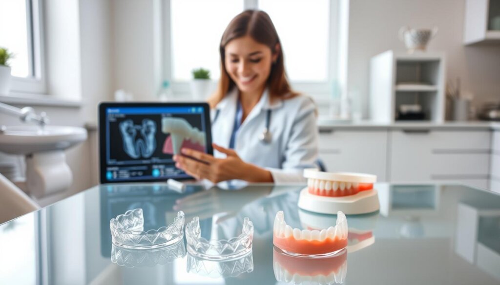 A professional dental office interior with a focus on a bright, modern consultation room. In the foreground, there are three clear aligners laid out on a sleek glass table, showcasing their varying sizes and designs. A dental model with teeth is placed beside the aligners, emphasizing their fit assessment. In the middle, a female dentist in professional attire looks closely at a digital tablet displaying a virtual alignment plan, her expression focused and engaged. Behind her, a window allows soft natural light to fill the room, creating a serene and welcoming atmosphere. The background features dental tools neatly organized on a counter, enhancing the setting's professionalism. The overall mood is optimistic and informative, illustrating the adjustment process with clarity and warmth. A professional dental office interior with a focus on a bright, modern consultation room. In the foreground, there are three clear aligners laid out on a sleek glass table, showcasing their varying sizes and designs. A dental model with teeth is placed beside the aligners, emphasizing their fit assessment. In the middle, a female dentist in professional attire looks closely at a digital tablet displaying a virtual alignment plan, her expression focused and engaged. Behind her, a window allows soft natural light to fill the room, creating a serene and welcoming atmosphere. The background features dental tools neatly organized on a counter, enhancing the setting's professionalism. The overall mood is optimistic and informative, illustrating the adjustment process with clarity and warmth.