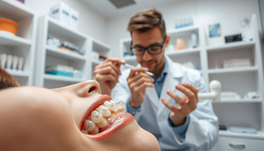 A professional dental office scene featuring an orthodontist examining a patient's teeth with clear Invisalign attachments. In the foreground, display a close-up of the patient's mouth, showcasing the clear aligners and small, tooth-colored attachments securely bonded to teeth. The middle ground includes the orthodontist, a young professional in a lab coat, carefully gesturing with a dental tool while looking attentively at the patient's dental model. In the background, shelves are lined with dental tools and products related to orthodontics, with soft, diffused lighting creating a calm and professional atmosphere. The angle should be slightly elevated to capture both the dentist and patient interaction, emphasizing the focus on progress monitoring. The overall mood reflects professionalism, care, and precision in orthodontic treatment. A professional dental office scene featuring an orthodontist examining a patient's teeth with clear Invisalign attachments. In the foreground, display a close-up of the patient's mouth, showcasing the clear aligners and small, tooth-colored attachments securely bonded to teeth. The middle ground includes the orthodontist, a young professional in a lab coat, carefully gesturing with a dental tool while looking attentively at the patient's dental model. In the background, shelves are lined with dental tools and products related to orthodontics, with soft, diffused lighting creating a calm and professional atmosphere. The angle should be slightly elevated to capture both the dentist and patient interaction, emphasizing the focus on progress monitoring. The overall mood reflects professionalism, care, and precision in orthodontic treatment.