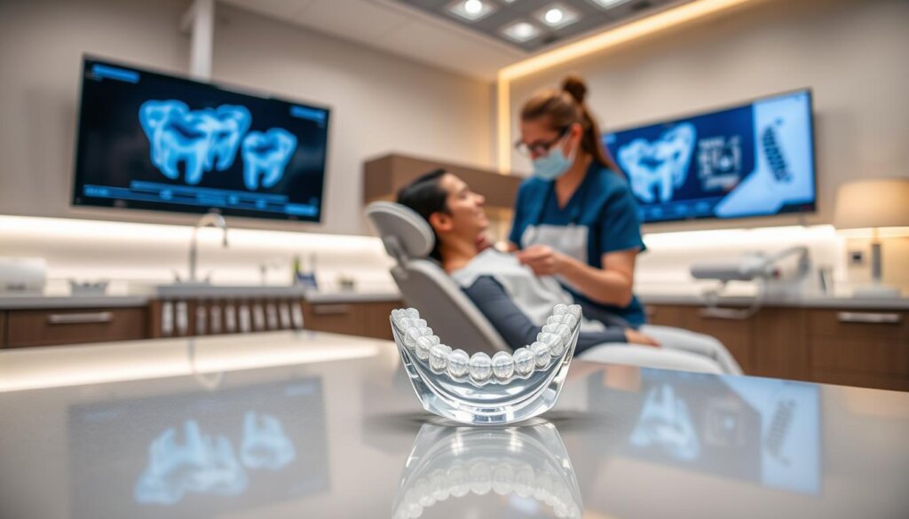 A professional dental office showcasing an advanced Invisalign treatment setup. In the foreground, a clear, modern Invisalign aligner rests on a polished dental countertop, reflecting soft overhead lighting. In the middle ground, a dental hygienist, dressed in professional medical attire, demonstrates the fitting of an aligner on a patient, who is seated comfortably in a dental chair, appearing relaxed and engaged. The background features sleek dental tools and a digital monitor displaying animated visuals of teeth realignment processes. The atmosphere is bright and welcoming, emphasizing a sense of innovation and care in dental technology. The lighting is soft and warm, enhancing the clinical yet friendly environment. A professional dental office showcasing an advanced Invisalign treatment setup. In the foreground, a clear, modern Invisalign aligner rests on a polished dental countertop, reflecting soft overhead lighting. In the middle ground, a dental hygienist, dressed in professional medical attire, demonstrates the fitting of an aligner on a patient, who is seated comfortably in a dental chair, appearing relaxed and engaged. The background features sleek dental tools and a digital monitor displaying animated visuals of teeth realignment processes. The atmosphere is bright and welcoming, emphasizing a sense of innovation and care in dental technology. The lighting is soft and warm, enhancing the clinical yet friendly environment.