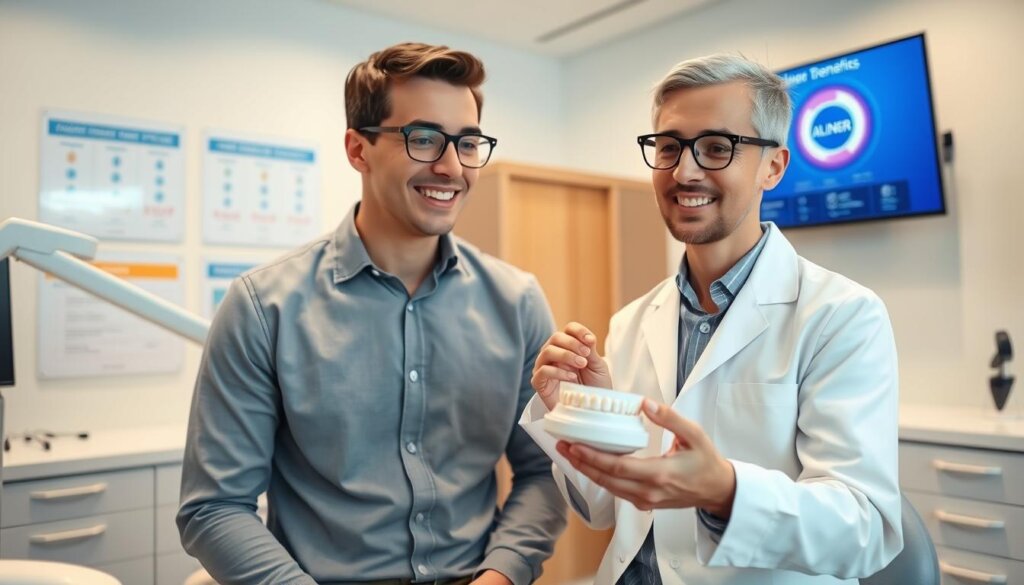 A professional orthodontist in a bright, modern clinic, consulting with a young adult patient about aligner protocols. The dentist, wearing a white lab coat and glasses, is demonstrating the aligners on a dental model. The patient, dressed in smart casual attire, looks engaged and curious. In the background, sleek dental tools, charts on orthodontic treatment options, and a digital screen displaying aligner benefits enhance the clinical atmosphere. Soft, natural lighting illuminates the scene, creating a welcoming and informative mood. The camera angle is slightly elevated, focusing on the interaction between the orthodontist and patient while capturing the details of the clinic's environment, emphasizing professionalism and care. A professional orthodontist in a bright, modern clinic, consulting with a young adult patient about aligner protocols. The dentist, wearing a white lab coat and glasses, is demonstrating the aligners on a dental model. The patient, dressed in smart casual attire, looks engaged and curious. In the background, sleek dental tools, charts on orthodontic treatment options, and a digital screen displaying aligner benefits enhance the clinical atmosphere. Soft, natural lighting illuminates the scene, creating a welcoming and informative mood. The camera angle is slightly elevated, focusing on the interaction between the orthodontist and patient while capturing the details of the clinic's environment, emphasizing professionalism and care.