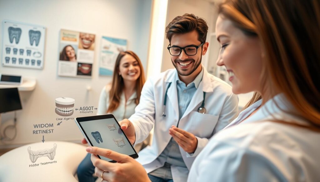 A professional orthodontist in a modern clinic setting, examining a digital model of a patient's teeth on a tablet. In the foreground, display a close-up of various orthodontic treatment alternatives, such as clear aligners, metal braces, and retainers, alongside wisdom teeth illustrations. In the middle ground, the orthodontist, dressed in a white coat, is engaging with a smiling patient, a young adult in modest casual clothing. The background features a well-lit treatment room with dental posters and tools neatly arranged. Soft, warm lighting creates an inviting atmosphere, focusing on patient care and orthodontic expertise. The angle emphasizes collaboration and innovation in orthodontic treatment. A professional orthodontist in a modern clinic setting, examining a digital model of a patient's teeth on a tablet. In the foreground, display a close-up of various orthodontic treatment alternatives, such as clear aligners, metal braces, and retainers, alongside wisdom teeth illustrations. In the middle ground, the orthodontist, dressed in a white coat, is engaging with a smiling patient, a young adult in modest casual clothing. The background features a well-lit treatment room with dental posters and tools neatly arranged. Soft, warm lighting creates an inviting atmosphere, focusing on patient care and orthodontic expertise. The angle emphasizes collaboration and innovation in orthodontic treatment.