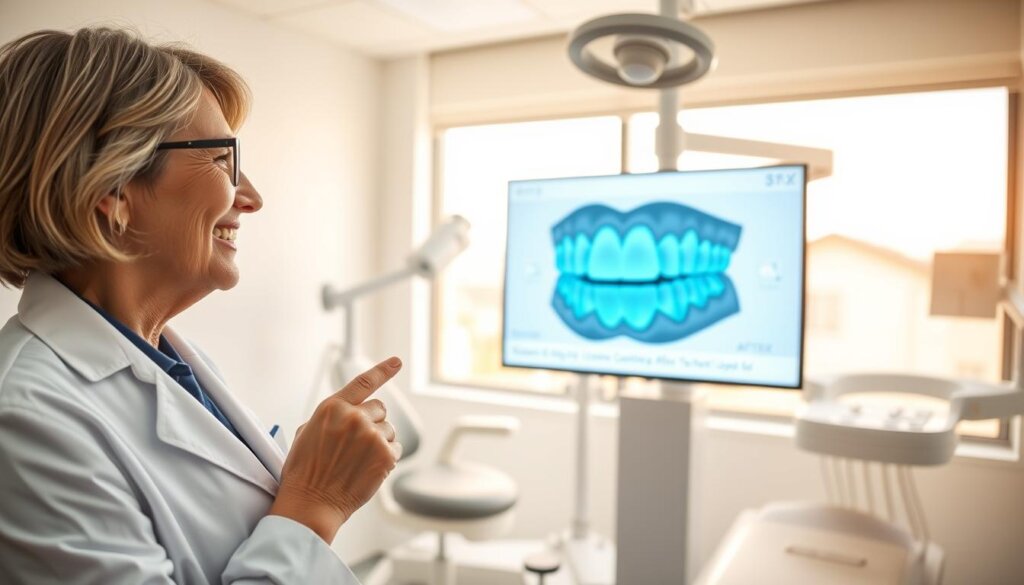 A professional orthodontist in a modern dental clinic, analyzing a digital 3D model of a patient’s teeth on a screen. In the foreground, the orthodontist, a middle-aged Caucasian woman in a white coat and glasses, is pointing at areas with clear aligners highlighted in a gentle blue glow. In the middle ground, the digital model displays a before-and-after comparison of a dental arch showing crowding corrected after tooth loss. The background features bright, sterile dental equipment and large windows with natural light streaming in, creating an inviting and hopeful atmosphere. The lighting is soft and warm, emphasizing a welcoming environment, while the focus is on the orthodontist and the digital model to convey professionalism and care in dental treatment. A professional orthodontist in a modern dental clinic, analyzing a digital 3D model of a patient’s teeth on a screen. In the foreground, the orthodontist, a middle-aged Caucasian woman in a white coat and glasses, is pointing at areas with clear aligners highlighted in a gentle blue glow. In the middle ground, the digital model displays a before-and-after comparison of a dental arch showing crowding corrected after tooth loss. The background features bright, sterile dental equipment and large windows with natural light streaming in, creating an inviting and hopeful atmosphere. The lighting is soft and warm, emphasizing a welcoming environment, while the focus is on the orthodontist and the digital model to convey professionalism and care in dental treatment.