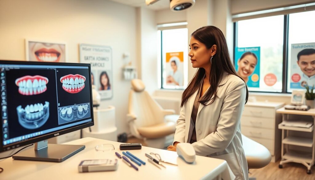 A professional orthodontist in a modern dental clinic, engaged in planning clear aligner therapy. The orthodontist, a South Asian woman in her 30s, wears a white lab coat over business attire, looking intently at a digital monitor displaying a 3D dental model of crooked teeth. In the foreground, various orthodontic tools are neatly arranged on a treatment table. The middle ground features a comfortable patient chair and bright, well-lit examination area. In the background, vibrant posters illustrating orthodontic treatments and before-and-after images add context. Soft, natural lighting from large windows creates a calm atmosphere, emphasizing professionalism and expertise in the field of orthodontics. The image captures the meticulous planning process vital for effective clear aligner therapy. A professional orthodontist in a modern dental clinic, engaged in planning clear aligner therapy. The orthodontist, a South Asian woman in her 30s, wears a white lab coat over business attire, looking intently at a digital monitor displaying a 3D dental model of crooked teeth. In the foreground, various orthodontic tools are neatly arranged on a treatment table. The middle ground features a comfortable patient chair and bright, well-lit examination area. In the background, vibrant posters illustrating orthodontic treatments and before-and-after images add context. Soft, natural lighting from large windows creates a calm atmosphere, emphasizing professionalism and expertise in the field of orthodontics. The image captures the meticulous planning process vital for effective clear aligner therapy.