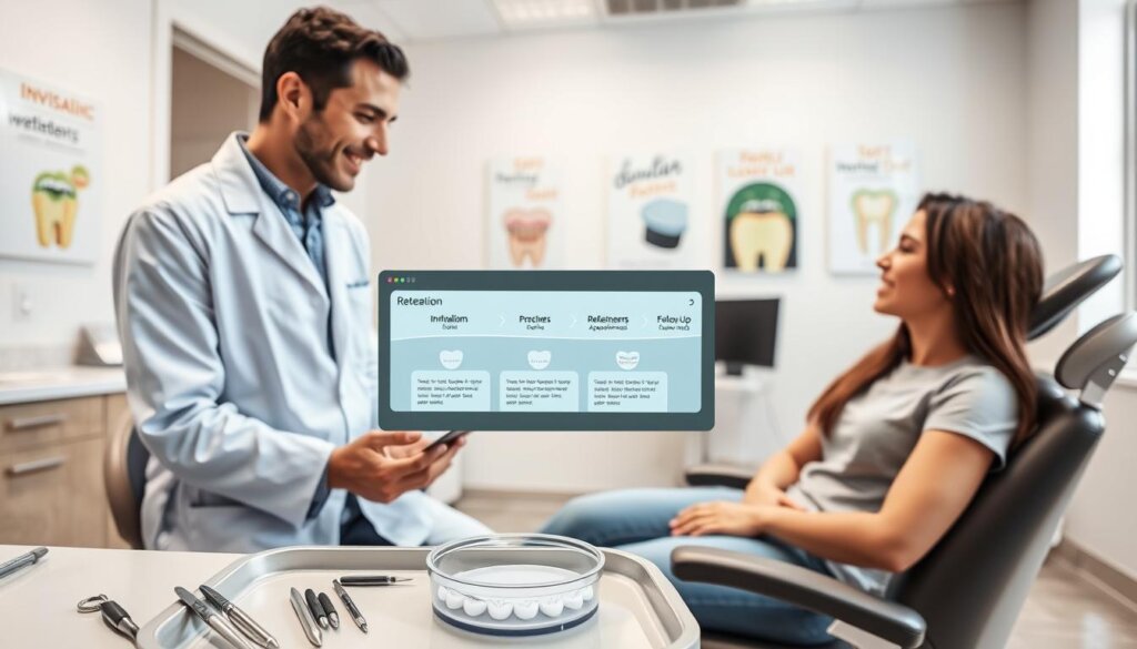 A professional orthodontist in a modern dental office, wearing a lab coat, attentively explains brace retention protocols to a patient sitting in a dental chair. The foreground features dental tools and an Invisalign container on a tray. In the middle ground, a digital display shows a timeline of retention strategies, including retainers and follow-up appointments. The background depicts a bright, well-organized dental environment with wall posters on dental care. Soft, natural lighting enhances a welcoming atmosphere. The shot is taken at eye level, focusing on the interaction to emphasize a sense of guidance and professionalism in the post-Invisalign treatment process. A professional orthodontist in a modern dental office, wearing a lab coat, attentively explains brace retention protocols to a patient sitting in a dental chair. The foreground features dental tools and an Invisalign container on a tray. In the middle ground, a digital display shows a timeline of retention strategies, including retainers and follow-up appointments. The background depicts a bright, well-organized dental environment with wall posters on dental care. Soft, natural lighting enhances a welcoming atmosphere. The shot is taken at eye level, focusing on the interaction to emphasize a sense of guidance and professionalism in the post-Invisalign treatment process.