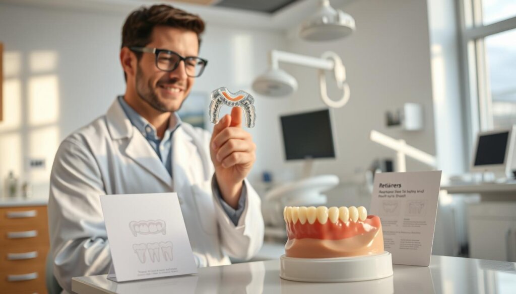 A professional orthodontist in a well-lit clinic, carefully demonstrating orthodontic retention protocols to maintain teeth alignment. In the foreground, the orthodontist, dressed in a clean white lab coat and safety glasses, holds a clear retainer, emphasizing its importance. In the middle ground, a tooth model with aligned teeth is placed on a table, alongside an instructional chart showing different types of retainers. The background features dental equipment and a bright, modern office ambiance, with soft natural light filtering through large windows, creating a calm and professional atmosphere. The overall mood is educational, encouraging a sense of trust and expertise in maintaining dental health post-treatment. A professional orthodontist in a well-lit clinic, carefully demonstrating orthodontic retention protocols to maintain teeth alignment. In the foreground, the orthodontist, dressed in a clean white lab coat and safety glasses, holds a clear retainer, emphasizing its importance. In the middle ground, a tooth model with aligned teeth is placed on a table, alongside an instructional chart showing different types of retainers. The background features dental equipment and a bright, modern office ambiance, with soft natural light filtering through large windows, creating a calm and professional atmosphere. The overall mood is educational, encouraging a sense of trust and expertise in maintaining dental health post-treatment.