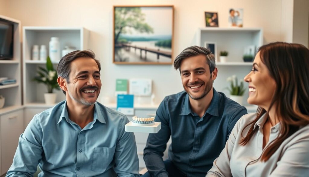 A serene dental clinic environment with soft, natural lighting. In the foreground, a smiling male and female patient in professional casual clothing, sitting together, discussing their Invisalign experiences. Their expressions reflect both relief and optimism. In the middle, an inviting dental consultation area with a dental model of Invisalign aligners prominently displayed, along with informational brochures. In the background, shelves adorned with dental care products and a calming nature-themed artwork, contributing to a soothing atmosphere. The angle is slightly elevated, providing a view of their interaction while emphasizing the warm and welcoming ambiance of the clinic, highlighting the real-life experiences and testimonials of Invisalign users. The overall mood is positive and supportive, encouraging potential patients. A serene dental clinic environment with soft, natural lighting. In the foreground, a smiling male and female patient in professional casual clothing, sitting together, discussing their Invisalign experiences. Their expressions reflect both relief and optimism. In the middle, an inviting dental consultation area with a dental model of Invisalign aligners prominently displayed, along with informational brochures. In the background, shelves adorned with dental care products and a calming nature-themed artwork, contributing to a soothing atmosphere. The angle is slightly elevated, providing a view of their interaction while emphasizing the warm and welcoming ambiance of the clinic, highlighting the real-life experiences and testimonials of Invisalign users. The overall mood is positive and supportive, encouraging potential patients.