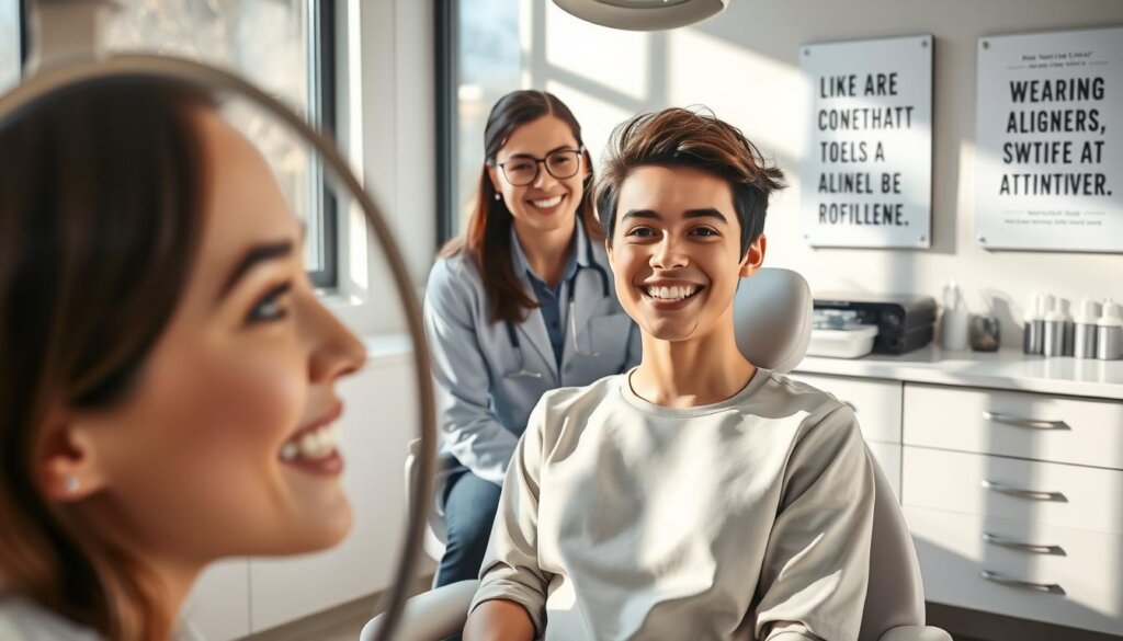 A serene dental clinic setting, featuring a young adult sitting confidently in a modern dental chair, wearing clear aligners. In the foreground, a mirror reflects their positive expression, conveying motivation and determination. The middle layer displays a dental professional engaging warmly with the patient, dressed in professional attire, showcasing a supportive atmosphere. Soft, natural lighting filters through large windows, casting gentle shadows that create a peaceful feel. In the background, various dental tools are neatly organized on a counter, and a motivational poster about the benefits of wearing aligners adorns the wall. The overall mood is optimistic and encouraging, emphasizing the psychological aspect of commitment to aligner treatment for a confident smile. A serene dental clinic setting, featuring a young adult sitting confidently in a modern dental chair, wearing clear aligners. In the foreground, a mirror reflects their positive expression, conveying motivation and determination. The middle layer displays a dental professional engaging warmly with the patient, dressed in professional attire, showcasing a supportive atmosphere. Soft, natural lighting filters through large windows, casting gentle shadows that create a peaceful feel. In the background, various dental tools are neatly organized on a counter, and a motivational poster about the benefits of wearing aligners adorns the wall. The overall mood is optimistic and encouraging, emphasizing the psychological aspect of commitment to aligner treatment for a confident smile.