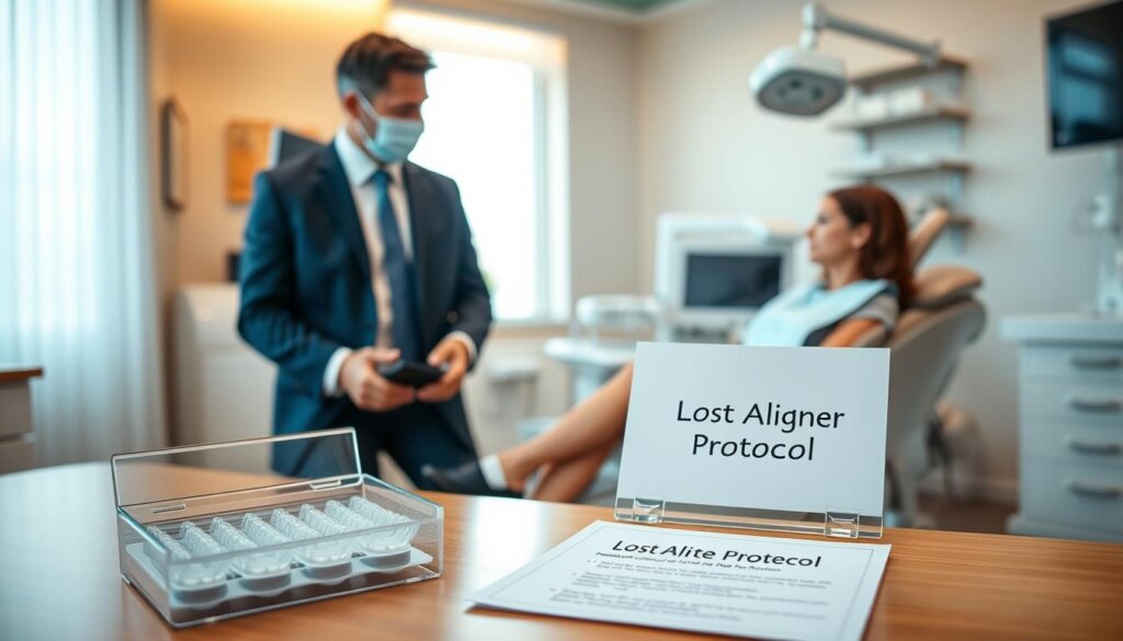 A serene dental office scene focused on a professional and calming environment. In the foreground, a neatly organized desk displays an array of aligner kits, alongside a document labeled "Lost Aligner Protocol," emphasizing immediate response steps. In the middle, a dental professional in smart business attire gently explains the procedure to a concerned patient seated in a modern dental chair, showcasing empathy and professionalism. The background features a softly lit room with dental tools and equipment, enhancing the clinical atmosphere. Warm, natural light filters through a window, creating a welcoming ambiance. The overall mood conveys assurance and clarity, inviting viewers to understand the process without stress, designed to resonate with anyone facing this common dental issue. A serene dental office scene focused on a professional and calming environment. In the foreground, a neatly organized desk displays an array of aligner kits, alongside a document labeled "Lost Aligner Protocol," emphasizing immediate response steps. In the middle, a dental professional in smart business attire gently explains the procedure to a concerned patient seated in a modern dental chair, showcasing empathy and professionalism. The background features a softly lit room with dental tools and equipment, enhancing the clinical atmosphere. Warm, natural light filters through a window, creating a welcoming ambiance. The overall mood conveys assurance and clarity, inviting viewers to understand the process without stress, designed to resonate with anyone facing this common dental issue.