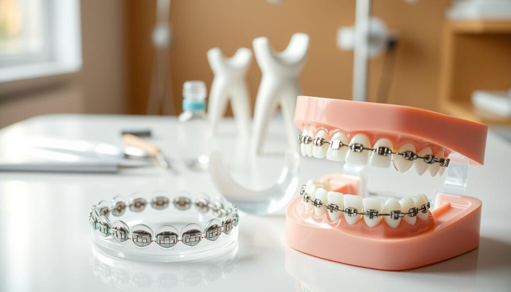 A side-by-side comparison of traditional metal braces and clear aligners on a pristine dental backdrop. In the foreground, display a set of shiny, metallic braces with colorful rubber bands arranged neatly, emphasizing their structure and texture. Beside it, showcase a pair of smooth, transparent aligners, elegantly positioned to exhibit their form and translucency. In the middle ground, include dental tools and models, hinting at an orthodontic setting. The background should be softly blurred to create an inviting and professional atmosphere, with warm, natural lighting to enhance the details of both orthodontic options. Capture the image from a slightly elevated angle to provide a clear view, focusing on the contrast between the two methods. A side-by-side comparison of traditional metal braces and clear aligners on a pristine dental backdrop. In the foreground, display a set of shiny, metallic braces with colorful rubber bands arranged neatly, emphasizing their structure and texture. Beside it, showcase a pair of smooth, transparent aligners, elegantly positioned to exhibit their form and translucency. In the middle ground, include dental tools and models, hinting at an orthodontic setting. The background should be softly blurred to create an inviting and professional atmosphere, with warm, natural lighting to enhance the details of both orthodontic options. Capture the image from a slightly elevated angle to provide a clear view, focusing on the contrast between the two methods.