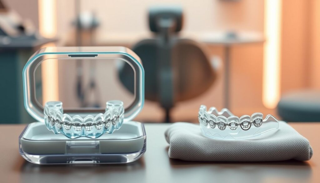 A side-by-side comparison of two types of retainers: Vivera retainers and traditional retainers, showcasing their distinct designs. In the foreground, display the Vivera retainers in a clear, elegant case, highlighting their transparent, custom-fit appearance. Next to them, place a standard wire retainer on a soft, neutral-colored cloth for contrast. The middle ground should feature a subtle gradient backdrop, softly lit to emphasize the retainers without harsh shadows. Add a blurred dental office setting in the background, with dental tools and a consultation chair, to suggest a professional environment. The overall mood should convey clarity and informative professionalism, suitable for an educational article about orthodontic care. A side-by-side comparison of two types of retainers: Vivera retainers and traditional retainers, showcasing their distinct designs. In the foreground, display the Vivera retainers in a clear, elegant case, highlighting their transparent, custom-fit appearance. Next to them, place a standard wire retainer on a soft, neutral-colored cloth for contrast. The middle ground should feature a subtle gradient backdrop, softly lit to emphasize the retainers without harsh shadows. Add a blurred dental office setting in the background, with dental tools and a consultation chair, to suggest a professional environment. The overall mood should convey clarity and informative professionalism, suitable for an educational article about orthodontic care.