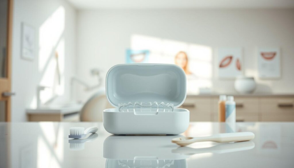 A sleek, modern dental aligner maintenance storage case sits prominently in the foreground, its smooth, translucent design revealing the aligners nestled inside. The case is elegantly placed on a clean, reflective surface, surrounded by a few essential cleaning accessories, like a soft toothbrush and a small bottle of cleaning solution. In the middle ground, blurred dental tools and orthodontic images suggest a clinical environment. The background features a softly illuminated office space, emphasizing a calm and sterile atmosphere. Natural light streams in from an unseen window, casting gentle shadows that create depth. The composition reflects a sense of professionalism and care, inviting the viewer to appreciate the importance of proper aligner storage. A sleek, modern dental aligner maintenance storage case sits prominently in the foreground, its smooth, translucent design revealing the aligners nestled inside. The case is elegantly placed on a clean, reflective surface, surrounded by a few essential cleaning accessories, like a soft toothbrush and a small bottle of cleaning solution. In the middle ground, blurred dental tools and orthodontic images suggest a clinical environment. The background features a softly illuminated office space, emphasizing a calm and sterile atmosphere. Natural light streams in from an unseen window, casting gentle shadows that create depth. The composition reflects a sense of professionalism and care, inviting the viewer to appreciate the importance of proper aligner storage.