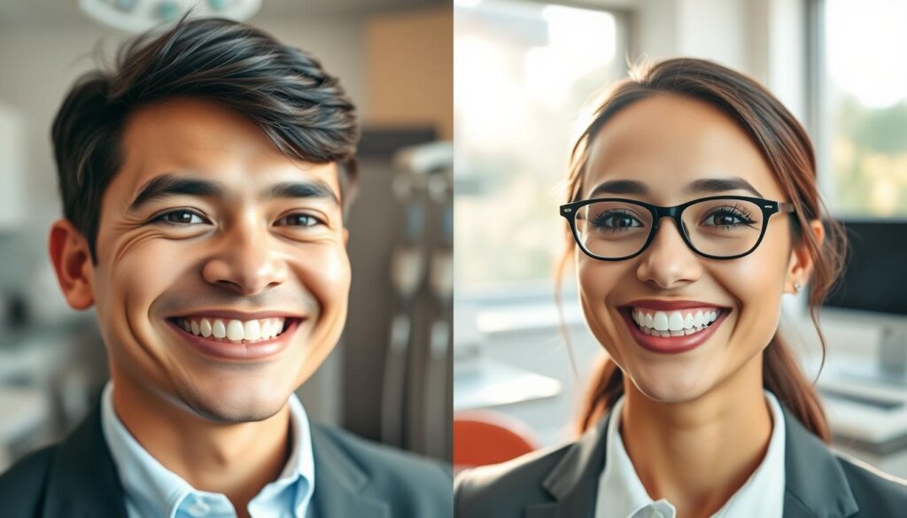 A split-image showcasing "before and after" results of Invisalign treatment. On the left, a close-up of a person’s smile with misaligned teeth, looking slightly worried, wearing smart casual attire. On the right, the same person displays a bright, confident smile with perfectly aligned teeth, dressed in professional business attire, radiating positivity. The background features a clinical dental office with a soft, inviting atmosphere, including dental tools and a window allowing natural sunlight to filter through, giving a warm and hopeful glow. Use a shallow depth of field to keep the focus on the smiles while softly blurring the background, enhancing the mood of transformation and success. A split-image showcasing "before and after" results of Invisalign treatment. On the left, a close-up of a person’s smile with misaligned teeth, looking slightly worried, wearing smart casual attire. On the right, the same person displays a bright, confident smile with perfectly aligned teeth, dressed in professional business attire, radiating positivity. The background features a clinical dental office with a soft, inviting atmosphere, including dental tools and a window allowing natural sunlight to filter through, giving a warm and hopeful glow. Use a shallow depth of field to keep the focus on the smiles while softly blurring the background, enhancing the mood of transformation and success.
