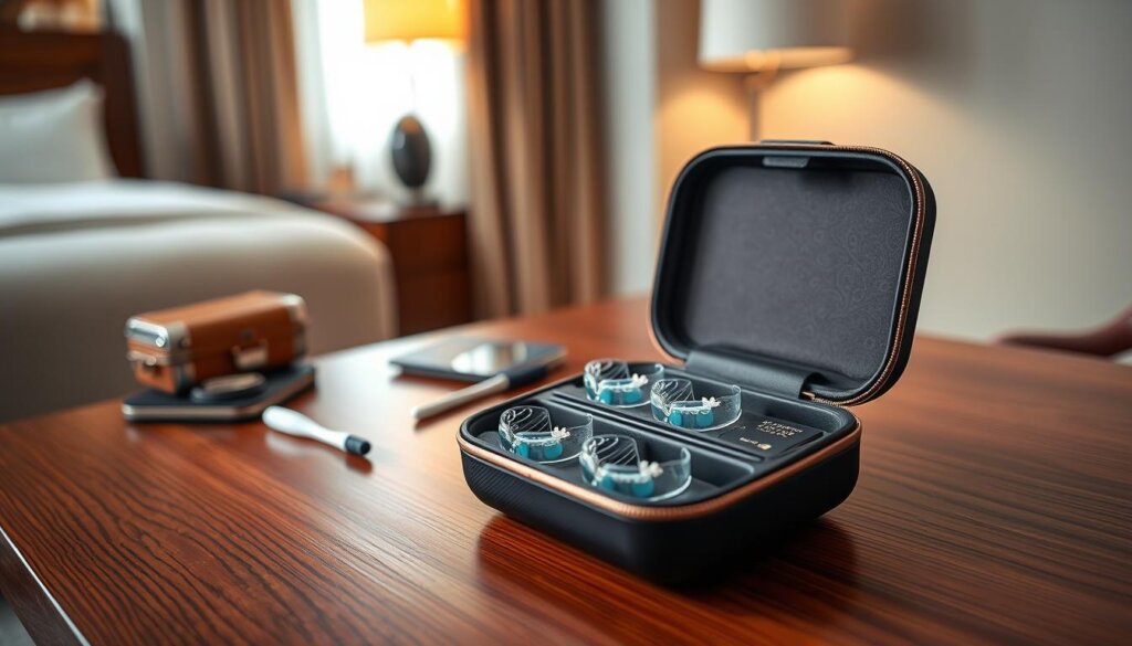 A travel aligner storage case elegantly displayed on a polished wooden surface, showcasing its compact design and interior compartment. In the foreground, the case is slightly open to reveal neatly organized aligners resting inside, surrounded by mini compartments for cleaning tools and a compact mirror. The middle ground features travel essentials like a passport and a travel-sized toothbrush, giving a sense of travel readiness. The background is softly blurred, suggesting a cozy hotel room ambiance with warm, natural lighting coming through a window, creating a welcoming atmosphere. The lens is focused closely on the case, capturing textures and details, for a professional and informative feel. A travel aligner storage case elegantly displayed on a polished wooden surface, showcasing its compact design and interior compartment. In the foreground, the case is slightly open to reveal neatly organized aligners resting inside, surrounded by mini compartments for cleaning tools and a compact mirror. The middle ground features travel essentials like a passport and a travel-sized toothbrush, giving a sense of travel readiness. The background is softly blurred, suggesting a cozy hotel room ambiance with warm, natural lighting coming through a window, creating a welcoming atmosphere. The lens is focused closely on the case, capturing textures and details, for a professional and informative feel.