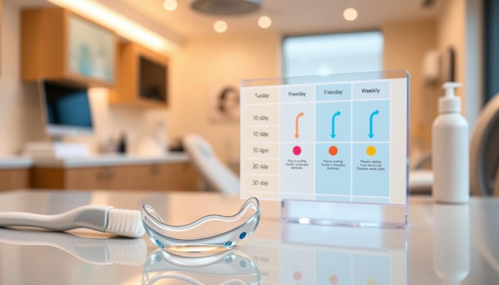 A visually appealing and informative depiction of an Invisalign maintenance routine with a focus on the aligner progression schedule. In the foreground, a sleek, transparent Invisalign aligner rests on a clean, glossy table, alongside helpful cleaning tools like a soft brush and a gentle cleanser. In the middle, an organized, visually striking schedule chart showcases different stages of aligner progression, illustrated with arrows and colored markers indicating the weekly changes. The background features a softly blurred dental office environment, bathed in warm, inviting lighting that creates a calming atmosphere. The overall mood is professional yet approachable, promoting the importance of regular aligner changes in a clear and engaging manner, without any text or distractions. A visually appealing and informative depiction of an Invisalign maintenance routine with a focus on the aligner progression schedule. In the foreground, a sleek, transparent Invisalign aligner rests on a clean, glossy table, alongside helpful cleaning tools like a soft brush and a gentle cleanser. In the middle, an organized, visually striking schedule chart showcases different stages of aligner progression, illustrated with arrows and colored markers indicating the weekly changes. The background features a softly blurred dental office environment, bathed in warm, inviting lighting that creates a calming atmosphere. The overall mood is professional yet approachable, promoting the importance of regular aligner changes in a clear and engaging manner, without any text or distractions.