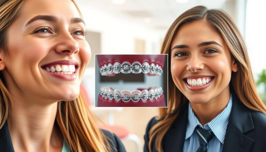 A visually appealing split-screen illustration showcasing the advantages of Invisalign for bite correction treatment. In the foreground, display a close-up of a smiling person, wearing professional attire, with clear aligners visible on their teeth, emphasizing comfort and aesthetic appeal. In the middle layer, depict a comparison with traditional metal braces, showcasing them as bulky and less appealing. The background should feature a dental office setting, with soft, natural lighting to create a welcoming atmosphere. Ensure the colors are bright and inviting, highlighting the modern and discreet nature of Invisalign. Capture a sense of optimism and confidence, illustrating the positive impact of Invisalign on bite correction treatment. A visually appealing split-screen illustration showcasing the advantages of Invisalign for bite correction treatment. In the foreground, display a close-up of a smiling person, wearing professional attire, with clear aligners visible on their teeth, emphasizing comfort and aesthetic appeal. In the middle layer, depict a comparison with traditional metal braces, showcasing them as bulky and less appealing. The background should feature a dental office setting, with soft, natural lighting to create a welcoming atmosphere. Ensure the colors are bright and inviting, highlighting the modern and discreet nature of Invisalign. Capture a sense of optimism and confidence, illustrating the positive impact of Invisalign on bite correction treatment.