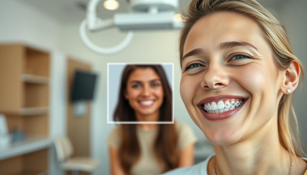 A visually compelling scene contrasting the comfort of Invisalign versus traditional braces. In the foreground, depict a smiling person wearing clear Invisalign aligners, showcasing a relaxed and confident expression. In the middle ground, feature a separate, slightly blurred image of traditional metal braces on another person, who appears to be mildly uncomfortable, with a furrowed brow. The background should evoke a dental clinic environment, well-lit with soft, natural light that highlights the clean, modern decor. Use a shallow depth of field to focus primarily on the subjects, while the background remains subtly out of focus. The overall mood should convey a sense of ease and reassurance, illustrating the difference in comfort levels between the two orthodontic options. A visually compelling scene contrasting the comfort of Invisalign versus traditional braces. In the foreground, depict a smiling person wearing clear Invisalign aligners, showcasing a relaxed and confident expression. In the middle ground, feature a separate, slightly blurred image of traditional metal braces on another person, who appears to be mildly uncomfortable, with a furrowed brow. The background should evoke a dental clinic environment, well-lit with soft, natural light that highlights the clean, modern decor. Use a shallow depth of field to focus primarily on the subjects, while the background remains subtly out of focus. The overall mood should convey a sense of ease and reassurance, illustrating the difference in comfort levels between the two orthodontic options.