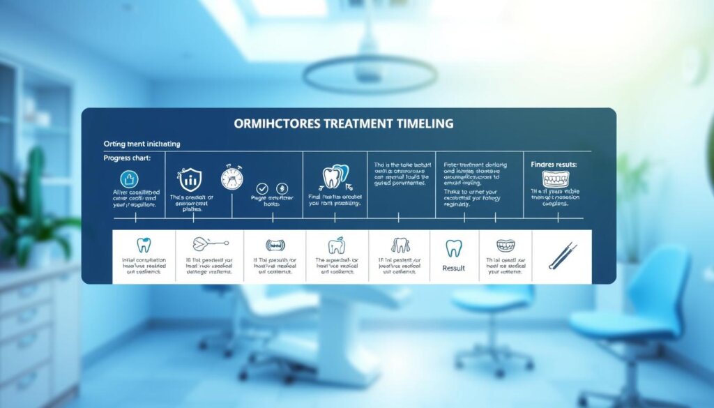 A visually engaging and informative illustration of an orthodontic treatment timeline progress tracking. In the foreground, display a detailed progress chart or timeline with clear milestones, including initial consultation, aligner fitting, mid-treatment adjustments, and final results. In the middle ground, include icons representing various stages of orthodontic treatment, such as aligners, progress photos, and dental tools. The background features a bright, clean dental clinic ambiance, with soft, natural lighting that highlights the chart. A subtle gradient of blues and greens conveys a sense of calm and professionalism. Emphasize a positive atmosphere, showing the empowerment of patients in tracking their journey, reinforcing the importance of consistency in orthodontic treatment. A visually engaging and informative illustration of an orthodontic treatment timeline progress tracking. In the foreground, display a detailed progress chart or timeline with clear milestones, including initial consultation, aligner fitting, mid-treatment adjustments, and final results. In the middle ground, include icons representing various stages of orthodontic treatment, such as aligners, progress photos, and dental tools. The background features a bright, clean dental clinic ambiance, with soft, natural lighting that highlights the chart. A subtle gradient of blues and greens conveys a sense of calm and professionalism. Emphasize a positive atmosphere, showing the empowerment of patients in tracking their journey, reinforcing the importance of consistency in orthodontic treatment.