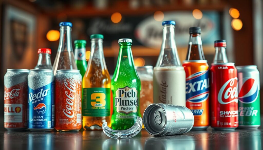 A visually engaging composition showcasing an array of beverages that should be avoided while using clear aligners, specifically highlighting carbonated drinks. In the foreground, feature a variety of colorful, bubbly carbonated drink cans and bottles, including popular sodas, sparkling waters, and energy drinks, all frosted to signify coldness. The middle ground should include a subtle graphic element — perhaps a dental aligner laid delicately beside an open can, emphasizing the contrast between beverages and dental care. The background can be softly blurred to suggest a cozy café atmosphere with warm, inviting lighting, creating a sense of a casual drink setting. Use a shallow depth of field to keep the focus on the beverages, while maintaining a friendly and informative mood. A visually engaging composition showcasing an array of beverages that should be avoided while using clear aligners, specifically highlighting carbonated drinks. In the foreground, feature a variety of colorful, bubbly carbonated drink cans and bottles, including popular sodas, sparkling waters, and energy drinks, all frosted to signify coldness. The middle ground should include a subtle graphic element — perhaps a dental aligner laid delicately beside an open can, emphasizing the contrast between beverages and dental care. The background can be softly blurred to suggest a cozy café atmosphere with warm, inviting lighting, creating a sense of a casual drink setting. Use a shallow depth of field to keep the focus on the beverages, while maintaining a friendly and informative mood.