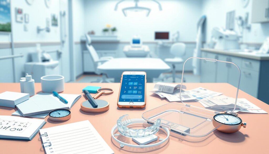 A visually engaging illustration depicting common reasons for lost aligners. In the foreground, a neatly organized dental workspace with a pair of aligners missing from a clear case, surrounded by items such as a notepad with reminders, a cleaning kit, and a small stopwatch indicating time pressure. In the middle ground, a thoughtfully arranged table showcasing a smartphone displaying calendar appointments, alongside scattered receipts and bills hinting at logistical challenges. In the background, a soft-focus dental clinic environment, featuring calming blue and white tones, gentle lighting, and medical equipment to evoke a sense of professionalism. The atmosphere should feel reflective and slightly anxious, highlighting the importance of keeping track of dental care items. A visually engaging illustration depicting common reasons for lost aligners. In the foreground, a neatly organized dental workspace with a pair of aligners missing from a clear case, surrounded by items such as a notepad with reminders, a cleaning kit, and a small stopwatch indicating time pressure. In the middle ground, a thoughtfully arranged table showcasing a smartphone displaying calendar appointments, alongside scattered receipts and bills hinting at logistical challenges. In the background, a soft-focus dental clinic environment, featuring calming blue and white tones, gentle lighting, and medical equipment to evoke a sense of professionalism. The atmosphere should feel reflective and slightly anxious, highlighting the importance of keeping track of dental care items.