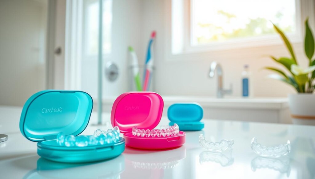 A visually engaging, informative illustration capturing strategies to prevent the loss of clear aligners. In the foreground, arrange neatly organized clear aligner cases with vibrant colors to symbolize different strategies—like designating a specific place for storage, reminders for wear times, and using protective pouches. In the middle ground, show a clean, modern bathroom setting with a toothbrush and a small, discreet aligner case on the countertop, emphasizing a hygienic environment. In the background, soft natural light filters through a window, creating a calming, supportive atmosphere. The scene should evoke reassurance and proactive care, using a shallow depth of field to maintain focus on the aligners and storage solutions. The lens should be at a straightforward eye level angle to provide a clear and relatable view. A visually engaging, informative illustration capturing strategies to prevent the loss of clear aligners. In the foreground, arrange neatly organized clear aligner cases with vibrant colors to symbolize different strategies—like designating a specific place for storage, reminders for wear times, and using protective pouches. In the middle ground, show a clean, modern bathroom setting with a toothbrush and a small, discreet aligner case on the countertop, emphasizing a hygienic environment. In the background, soft natural light filters through a window, creating a calming, supportive atmosphere. The scene should evoke reassurance and proactive care, using a shallow depth of field to maintain focus on the aligners and storage solutions. The lens should be at a straightforward eye level angle to provide a clear and relatable view.