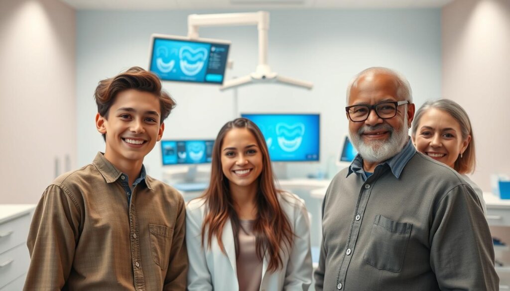 A visually engaging scene depicting the orthodontic treatment process with Invisalign across various age groups. In the foreground, show a diverse group of individuals: a young teenager, a young adult, a middle-aged individual, and an older adult, all smiling confidently and wearing professional attire. In the middle ground, include a dental clinic environment with a modern orthodontic chair, digital screens displaying treatment plans, and orthodontic tools neatly arranged. The background features calming pastel colors and soft lighting to evoke a serene atmosphere. Use a slight depth of field effect to keep the focus on the individuals while gently blurring the background. The image should convey a sense of hope and accessibility, reflecting that Invisalign is suitable for all ages. A visually engaging scene depicting the orthodontic treatment process with Invisalign across various age groups. In the foreground, show a diverse group of individuals: a young teenager, a young adult, a middle-aged individual, and an older adult, all smiling confidently and wearing professional attire. In the middle ground, include a dental clinic environment with a modern orthodontic chair, digital screens displaying treatment plans, and orthodontic tools neatly arranged. The background features calming pastel colors and soft lighting to evoke a serene atmosphere. Use a slight depth of field effect to keep the focus on the individuals while gently blurring the background. The image should convey a sense of hope and accessibility, reflecting that Invisalign is suitable for all ages.
