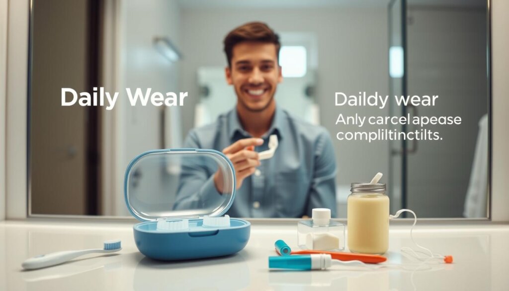 A visually informative scene depicting the daily wear requirements for Invisalign treatment compliance. In the foreground, a neatly organized vanity table displays essential items: a clear aligner case, a toothbrush, toothpaste, and floss, emphasizing dental hygiene. In the middle, a smiling young adult in smart casual attire holds an open aligner case, illustrating the ease of use and accessibility of aligners. The background features a softly blurred bathroom setting with a mirror reflecting natural light, creating a clean and inviting atmosphere. The scene is bright and well-lit, conveying a sense of positivity and routine in dental care. Capture this moment authentically, focusing on the individual’s expression to highlight confidence and commitment to their Invisalign journey. A visually informative scene depicting the daily wear requirements for Invisalign treatment compliance. In the foreground, a neatly organized vanity table displays essential items: a clear aligner case, a toothbrush, toothpaste, and floss, emphasizing dental hygiene. In the middle, a smiling young adult in smart casual attire holds an open aligner case, illustrating the ease of use and accessibility of aligners. The background features a softly blurred bathroom setting with a mirror reflecting natural light, creating a clean and inviting atmosphere. The scene is bright and well-lit, conveying a sense of positivity and routine in dental care. Capture this moment authentically, focusing on the individual’s expression to highlight confidence and commitment to their Invisalign journey.