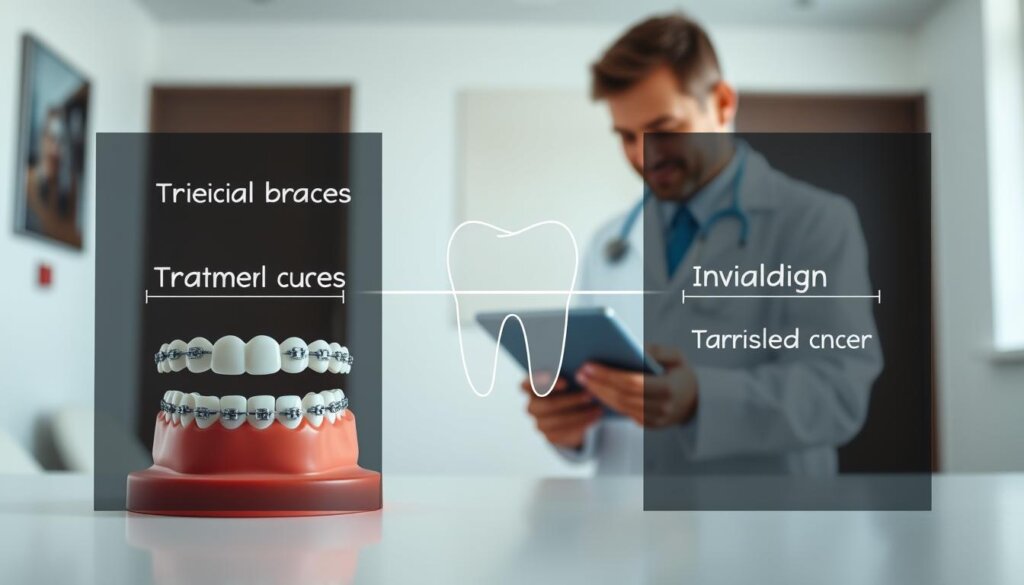 A visually informative timeline comparison of traditional braces and Invisalign aligners, set in a clean, minimalist interior, such as a dental office. In the foreground, showcase two side-by-side charts: one depicting the traditional braces treatment timeline with images of braces on a tooth model, and the other showing the Invisalign treatment journey with clear aligners. In the middle ground, incorporate a tooth graphic transitioning from crooked to straight, divided by a central line. The background features a dental professional in a crisp white coat, examining the charts on a digital tablet, symbolizing clinical expertise. Soft, natural lighting illuminates the scene, creating a calm and informative atmosphere, with a focal length that highlights the details of the braces and aligners. A visually informative timeline comparison of traditional braces and Invisalign aligners, set in a clean, minimalist interior, such as a dental office. In the foreground, showcase two side-by-side charts: one depicting the traditional braces treatment timeline with images of braces on a tooth model, and the other showing the Invisalign treatment journey with clear aligners. In the middle ground, incorporate a tooth graphic transitioning from crooked to straight, divided by a central line. The background features a dental professional in a crisp white coat, examining the charts on a digital tablet, symbolizing clinical expertise. Soft, natural lighting illuminates the scene, creating a calm and informative atmosphere, with a focal length that highlights the details of the braces and aligners.