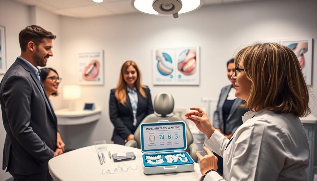 A well-lit dental office setting showcasing a demonstration of Invisalign daily wear requirements. In the foreground, a diverse group of three individuals, dressed in professional attire, are observing a dentist explaining the importance of wearing aligners. The dentist, a middle-aged woman with glasses, holds a clear aligner model in one hand and gestures towards a chart on the table that illustrates the dosage of wear time. In the middle ground, a dental chair is situated, with an open dental kit containing aligners neatly arranged. The background reveals soft lighting and calming colors, with dental posters highlighting oral health. The atmosphere is informative and focused, emphasizing the importance of consistent wear for effective treatment. A well-lit dental office setting showcasing a demonstration of Invisalign daily wear requirements. In the foreground, a diverse group of three individuals, dressed in professional attire, are observing a dentist explaining the importance of wearing aligners. The dentist, a middle-aged woman with glasses, holds a clear aligner model in one hand and gestures towards a chart on the table that illustrates the dosage of wear time. In the middle ground, a dental chair is situated, with an open dental kit containing aligners neatly arranged. The background reveals soft lighting and calming colors, with dental posters highlighting oral health. The atmosphere is informative and focused, emphasizing the importance of consistent wear for effective treatment.