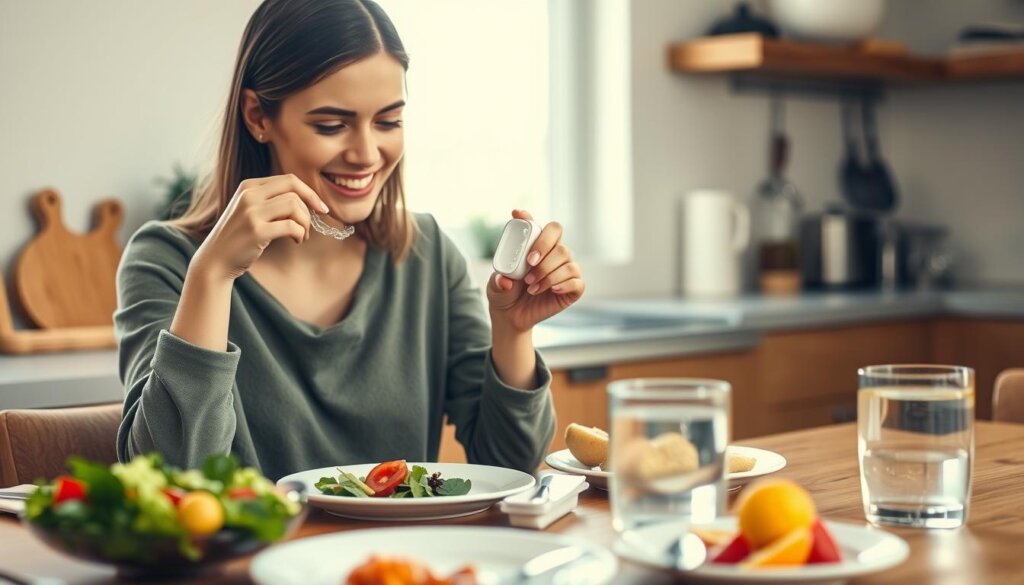 A well-lit kitchen setting with a focus on a young adult woman in modest casual clothing, sitting at a wooden dining table. She is in the process of removing her clear Invisalign aligners, gently holding them with one hand while using the other hand to hold a small, chic case to store them. A variety of healthy meal options, like a salad, fruit, and a glass of water, are elegantly arranged on the table. In the background, soft natural light streams in through a window, illuminating the scene and creating a warm, inviting atmosphere. The composition should emphasize the interaction between the woman and her aligners, highlighting the practicality of storage while eating. The angle should be slightly above eye level to capture both the subject and the context of the meal preparation around her. A well-lit kitchen setting with a focus on a young adult woman in modest casual clothing, sitting at a wooden dining table. She is in the process of removing her clear Invisalign aligners, gently holding them with one hand while using the other hand to hold a small, chic case to store them. A variety of healthy meal options, like a salad, fruit, and a glass of water, are elegantly arranged on the table. In the background, soft natural light streams in through a window, illuminating the scene and creating a warm, inviting atmosphere. The composition should emphasize the interaction between the woman and her aligners, highlighting the practicality of storage while eating. The angle should be slightly above eye level to capture both the subject and the context of the meal preparation around her.
