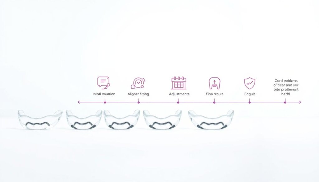 A well-organized timeline graphic illustrating the duration of aligner treatment for fixing bite problems, featuring an elegant flowchart layout. In the foreground, show a series of clear aligners positioned sequentially, indicating progress over time. In the middle, integrate icons representing different stages of treatment, such as initial consultation, aligner fitting, adjustments, and final results, all with soft, pastel coloration to evoke a sense of calm. In the background, use a subtle gradient that transitions from light blue to white, suggesting a clean and professional atmosphere. The lighting should be bright and even, emphasizing clarity and simplicity. Convey a mood of optimism and professionalism, focusing on the transformative journey of orthodontic care without any people or text included. A well-organized timeline graphic illustrating the duration of aligner treatment for fixing bite problems, featuring an elegant flowchart layout. In the foreground, show a series of clear aligners positioned sequentially, indicating progress over time. In the middle, integrate icons representing different stages of treatment, such as initial consultation, aligner fitting, adjustments, and final results, all with soft, pastel coloration to evoke a sense of calm. In the background, use a subtle gradient that transitions from light blue to white, suggesting a clean and professional atmosphere. The lighting should be bright and even, emphasizing clarity and simplicity. Convey a mood of optimism and professionalism, focusing on the transformative journey of orthodontic care without any people or text included.