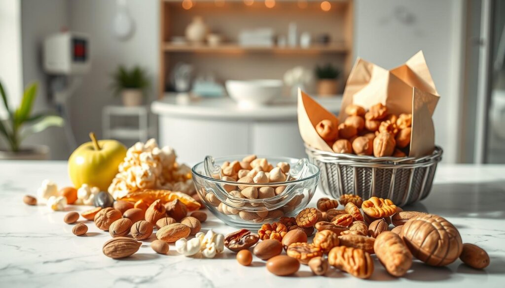 An artistic still life composition showcasing a variety of hard foods that are commonly advised against while using Invisalign. The foreground features an assortment of visually appealing foods like crunchy apples, nuts, popcorn, and hard candies, all elegantly arranged on a clean, white marble surface. The middle layer displays a pair of clear Invisalign aligners resting next to a small bowl of soft, safe snacks, emphasizing the importance of care. In the background, a softly blurred dental clinic with bright, friendly lighting creates a supportive atmosphere. Use a warm color palette to evoke a sense of comfort and care, with natural light illuminating the textures of the foods and the aligners. The image should feel professional, inviting, and informative, without distractions. An artistic still life composition showcasing a variety of hard foods that are commonly advised against while using Invisalign. The foreground features an assortment of visually appealing foods like crunchy apples, nuts, popcorn, and hard candies, all elegantly arranged on a clean, white marble surface. The middle layer displays a pair of clear Invisalign aligners resting next to a small bowl of soft, safe snacks, emphasizing the importance of care. In the background, a softly blurred dental clinic with bright, friendly lighting creates a supportive atmosphere. Use a warm color palette to evoke a sense of comfort and care, with natural light illuminating the textures of the foods and the aligners. The image should feel professional, inviting, and informative, without distractions.
