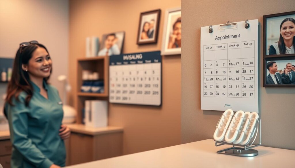 An organized dentist’s office scene focused on a wall-mounted Invisalign appointment schedule, designed to display progress checks during treatment. In the foreground, a well-lit reception desk with a friendly dental assistant in professional attire, smiling and engaging with a patient. The middle layer shows a detailed calendar with clearly marked dates for check-ups, next to an assortment of Invisalign aligners in a decorative holder. The background features shelves of dental care products and framed photos of smiling patients. Warm lighting creates a welcoming atmosphere, whilst a slight depth of field emphasizes the calendar, inviting viewers to consider the frequency of appointments. The overall mood conveys professionalism and care in dental treatment. An organized dentist’s office scene focused on a wall-mounted Invisalign appointment schedule, designed to display progress checks during treatment. In the foreground, a well-lit reception desk with a friendly dental assistant in professional attire, smiling and engaging with a patient. The middle layer shows a detailed calendar with clearly marked dates for check-ups, next to an assortment of Invisalign aligners in a decorative holder. The background features shelves of dental care products and framed photos of smiling patients. Warm lighting creates a welcoming atmosphere, whilst a slight depth of field emphasizes the calendar, inviting viewers to consider the frequency of appointments. The overall mood conveys professionalism and care in dental treatment.