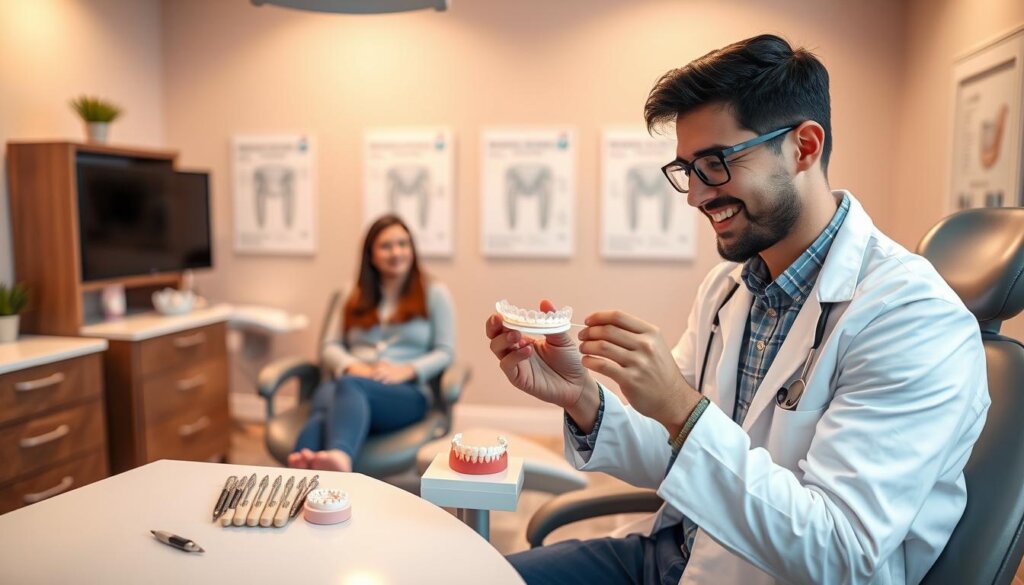 An orthodontist's consultation room focused on the clear aligner treatment process. In the foreground, a friendly orthodontist, dressed in a professional white lab coat, is demonstrating a clear aligner to a patient seated comfortably in a modern dental chair. The patient, wearing modest casual attire, shows a look of interest and curiosity. In the middle ground, an array of dental tools and a model of teeth are neatly arranged on a counter. The background features soothing pastel colors, soft ambient lighting, and dental posters on the wall explaining aligner treatment. The atmosphere is warm and welcoming, emphasizing professionalism and patient care. Shot with a slight depth of field, focusing on the interaction between the orthodontist and patient, conveying trust and expertise. An orthodontist's consultation room focused on the clear aligner treatment process. In the foreground, a friendly orthodontist, dressed in a professional white lab coat, is demonstrating a clear aligner to a patient seated comfortably in a modern dental chair. The patient, wearing modest casual attire, shows a look of interest and curiosity. In the middle ground, an array of dental tools and a model of teeth are neatly arranged on a counter. The background features soothing pastel colors, soft ambient lighting, and dental posters on the wall explaining aligner treatment. The atmosphere is warm and welcoming, emphasizing professionalism and patient care. Shot with a slight depth of field, focusing on the interaction between the orthodontist and patient, conveying trust and expertise.