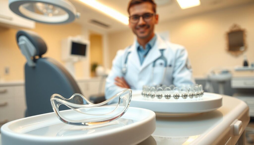 In a professional dental office, illustrate a clear contrast between clear aligners and traditional metal braces. In the foreground, depict a close-up view of a transparent aligner sitting on a clean, white dental tray, with a shiny reflection showing its smooth surface. To one side, show a set of classic metal braces with wires, arranged neatly on another white tray, highlighting their metallic sheen. In the middle ground, include a professional dentist wearing a lab coat and glasses, examining the aligners with a thoughtful expression. In the background, a soft-focus dental office with bright, warm lighting creates a welcoming atmosphere. The angle of the shot should be slightly elevated, capturing both treatments in a balanced perspective, emphasizing clarity and professionalism. In a professional dental office, illustrate a clear contrast between clear aligners and traditional metal braces. In the foreground, depict a close-up view of a transparent aligner sitting on a clean, white dental tray, with a shiny reflection showing its smooth surface. To one side, show a set of classic metal braces with wires, arranged neatly on another white tray, highlighting their metallic sheen. In the middle ground, include a professional dentist wearing a lab coat and glasses, examining the aligners with a thoughtful expression. In the background, a soft-focus dental office with bright, warm lighting creates a welcoming atmosphere. The angle of the shot should be slightly elevated, capturing both treatments in a balanced perspective, emphasizing clarity and professionalism.