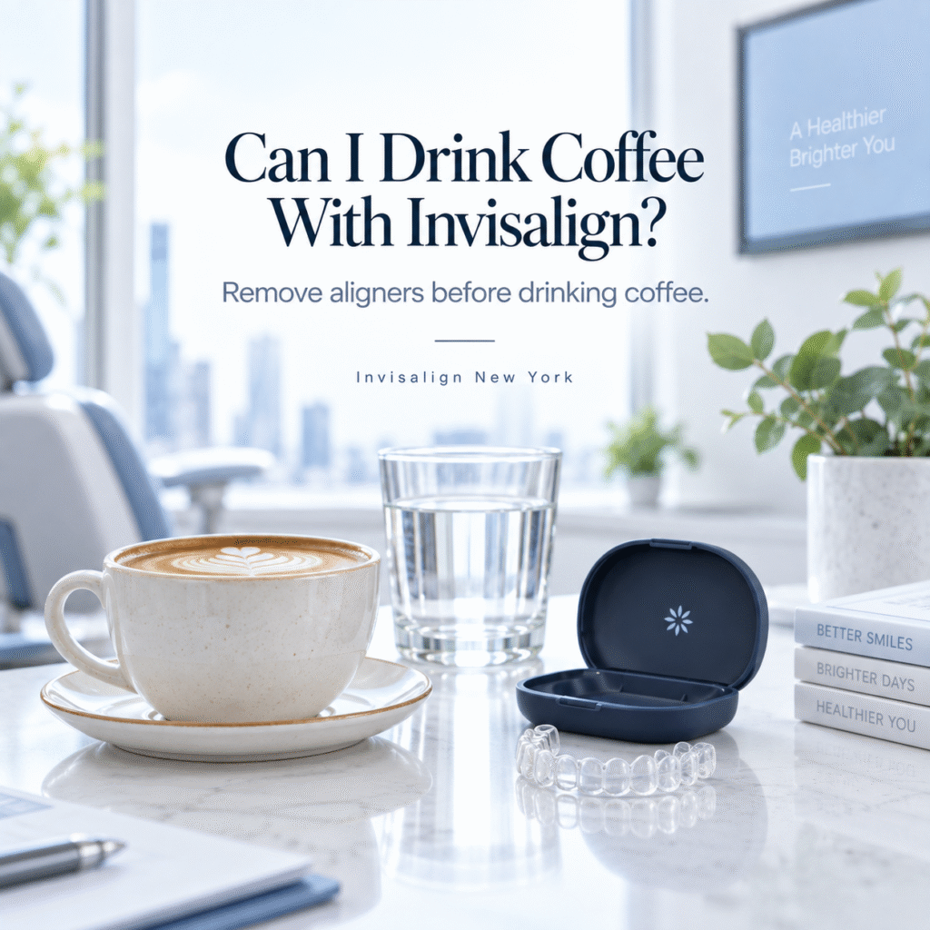 Coffee next to clear Invisalign aligners removed before drinking