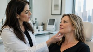 Follow-up Ultherapy consultation in New York City with a provider assessing the jawline and neck after treatment.
